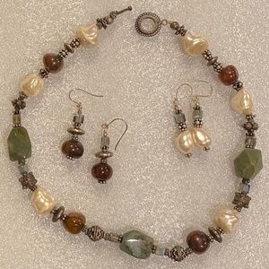 Jasper, Pearls, Sterling Silver Necklace and 2 Pair Earrings